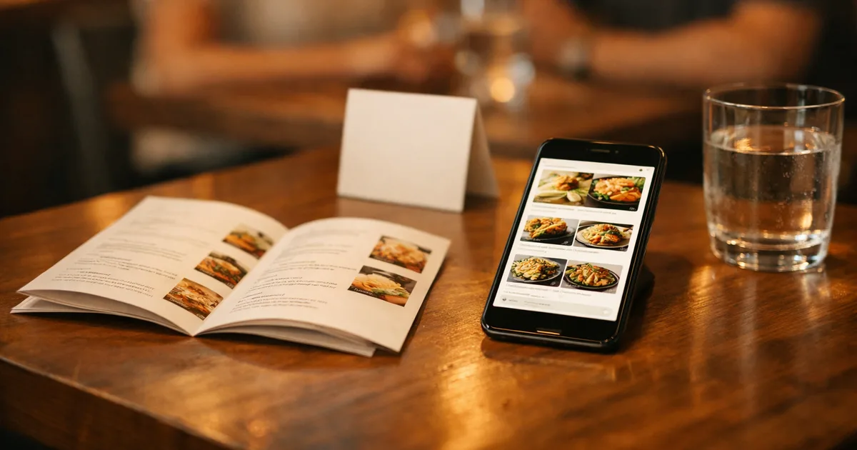 A restaurant table set with both a printed menu and a smartphone showing a clean digital menu, side by side
