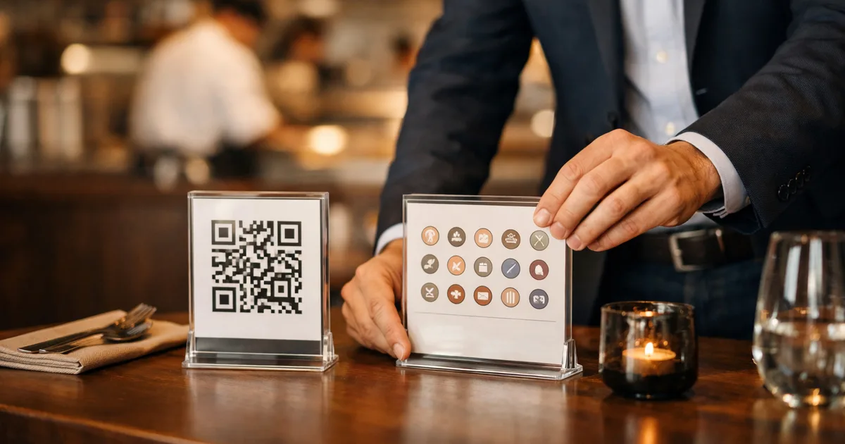 Restaurant manager placing a laminated allergen information card next to a QR code menu stand on a restaurant table