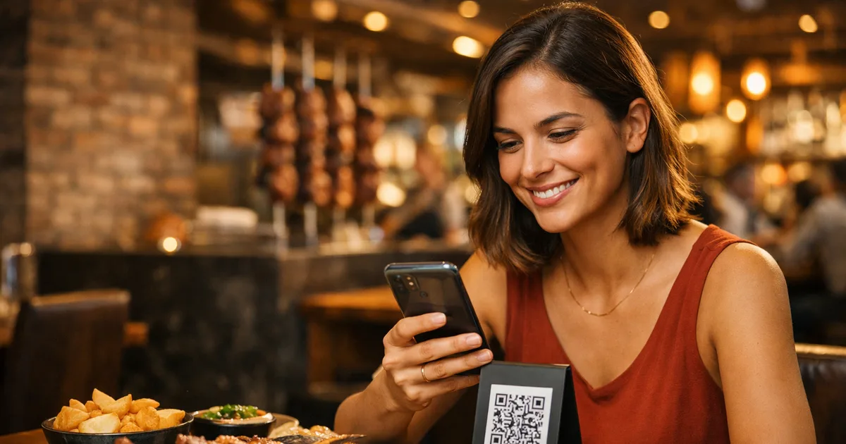 Cliente sorrindo ao escanear um cardápio QR code com celular em restaurante brasileiro com pratos coloridos na mesa