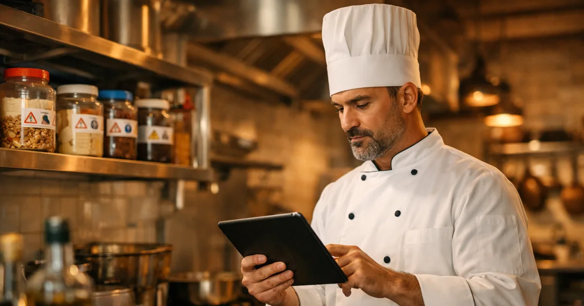 Chef profesional en una cocina de restaurante español revisando documentación de alérgenos en una tableta, con etiquetas de advertencia de alérgenos visibles en los estantes de ingredientes