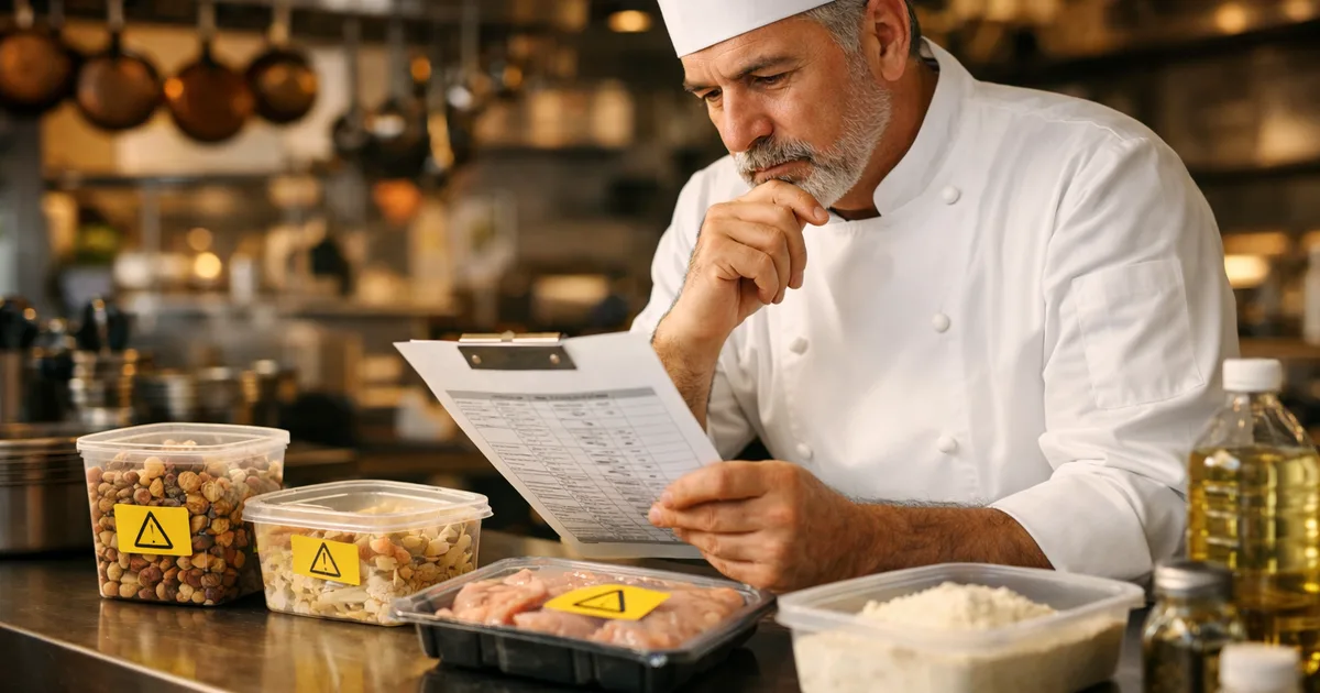 Cuoco italiano che esamina un registro degli allergeni stampato in cucina professionale con etichette precauzionali sulle confezioni degli ingredienti