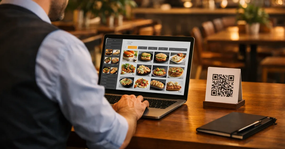 Менеджер ресторана за ноутбуком создаёт QR-меню с фотографиями блюд
