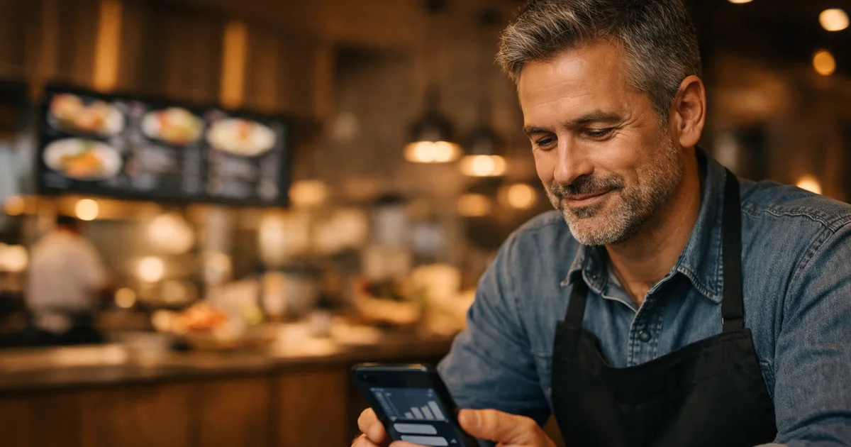 Restaurant owner reviewing AI-generated business insights and menu recommendations on a smartphone in a modern kitchen, warm professional lighting