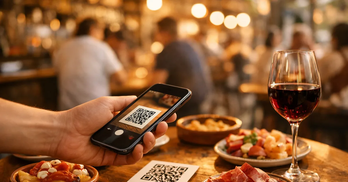 Un móvil escaneando un código QR sobre una mesa llena de tapas coloridas y vino tinto en un bar español animado a la hora dorada