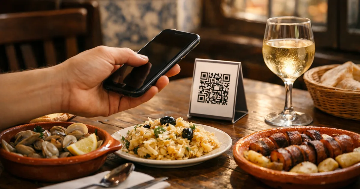 Mão de um cliente a ler com o telemóvel um expositor com ementa QR code grátis numa mesa de tasca em Lisboa, com pratos portugueses e um copo de vinho verde