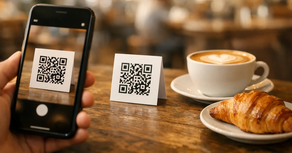 A smartphone scanning a printed QR code card on a cafe table next to a latte and a croissant