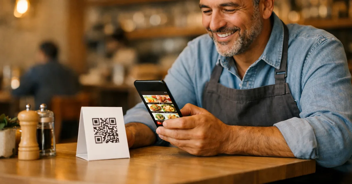 Владелец ресторана сканирует QR-код меню на смартфоне за столиком кафе