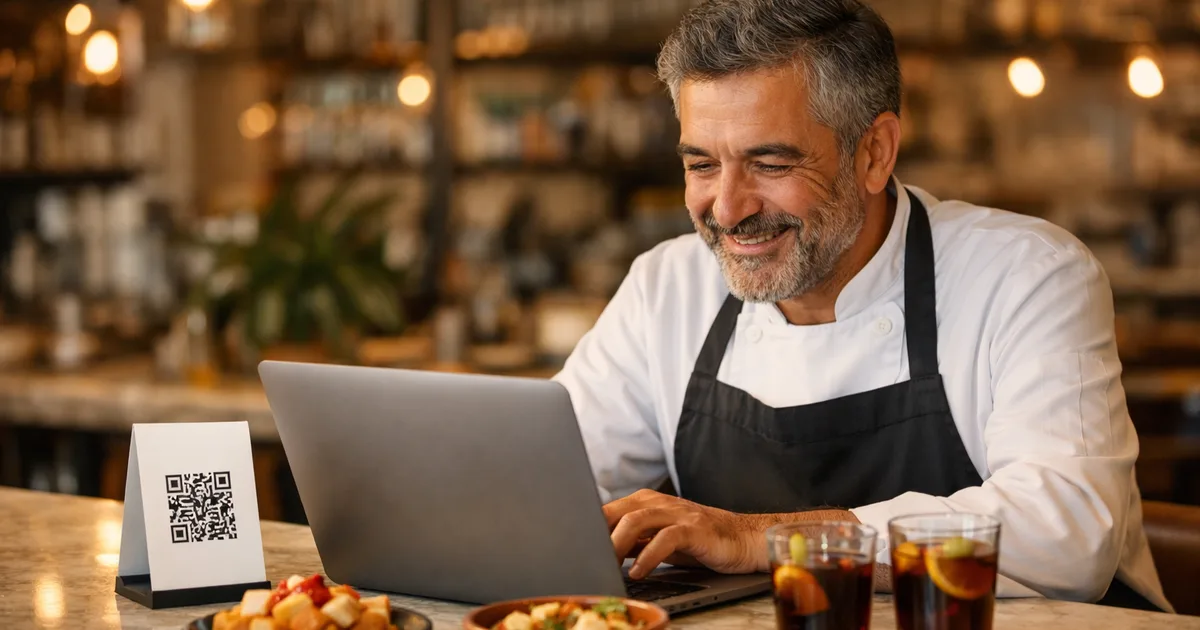 Una restauradora española creando su carta digital en un portátil sobre la barra, junto a un soporte de mesa con código QR y platos de tapas