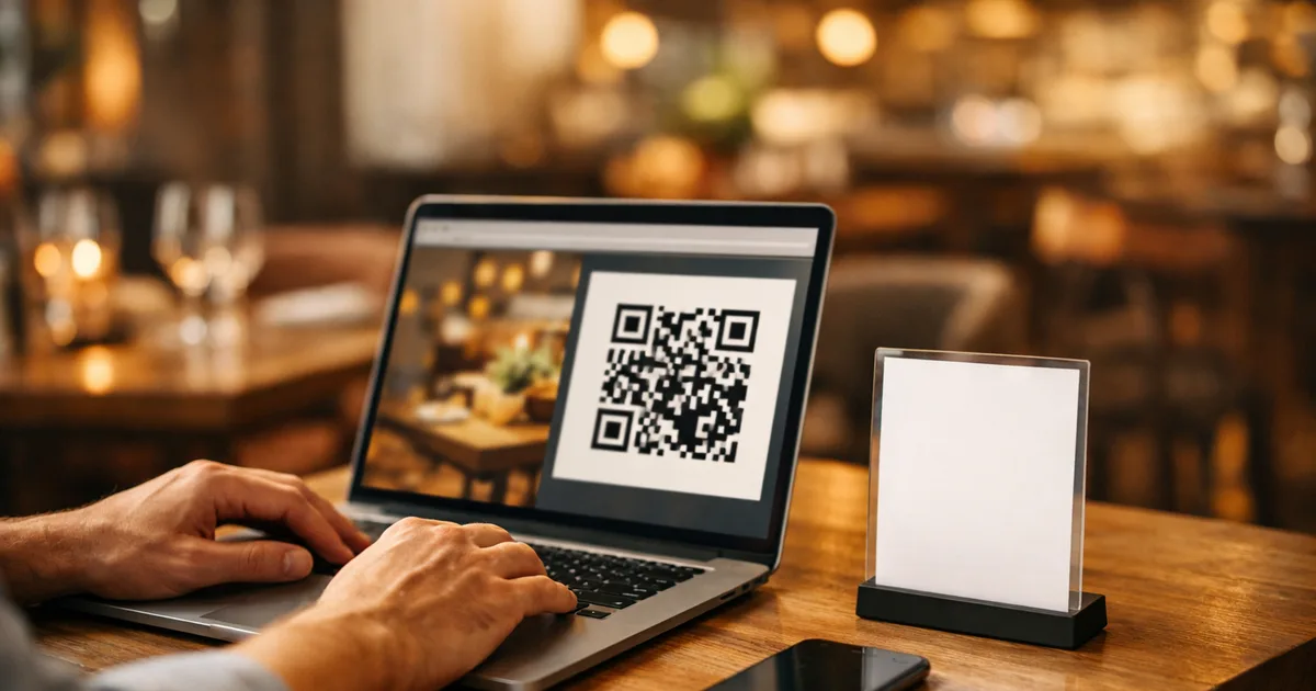 Restaurateur créant un menu QR code gratuit sur un ordinateur portable, à côté d'un chevalet de table affichant un QR code
