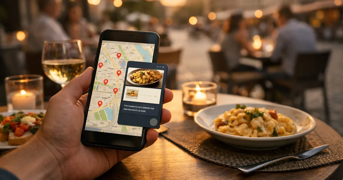Diner at a cafe table using a smartphone with a map and a chat panel showing a food-order confirmation, warm evening light — illustrating Google Maps agentic food ordering