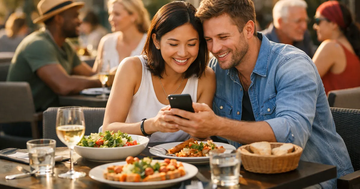 Ein internationales Paar schaut gemeinsam auf ein Smartphone bei einem geteilten Essen auf einer sonnigen Restaurantterrasse