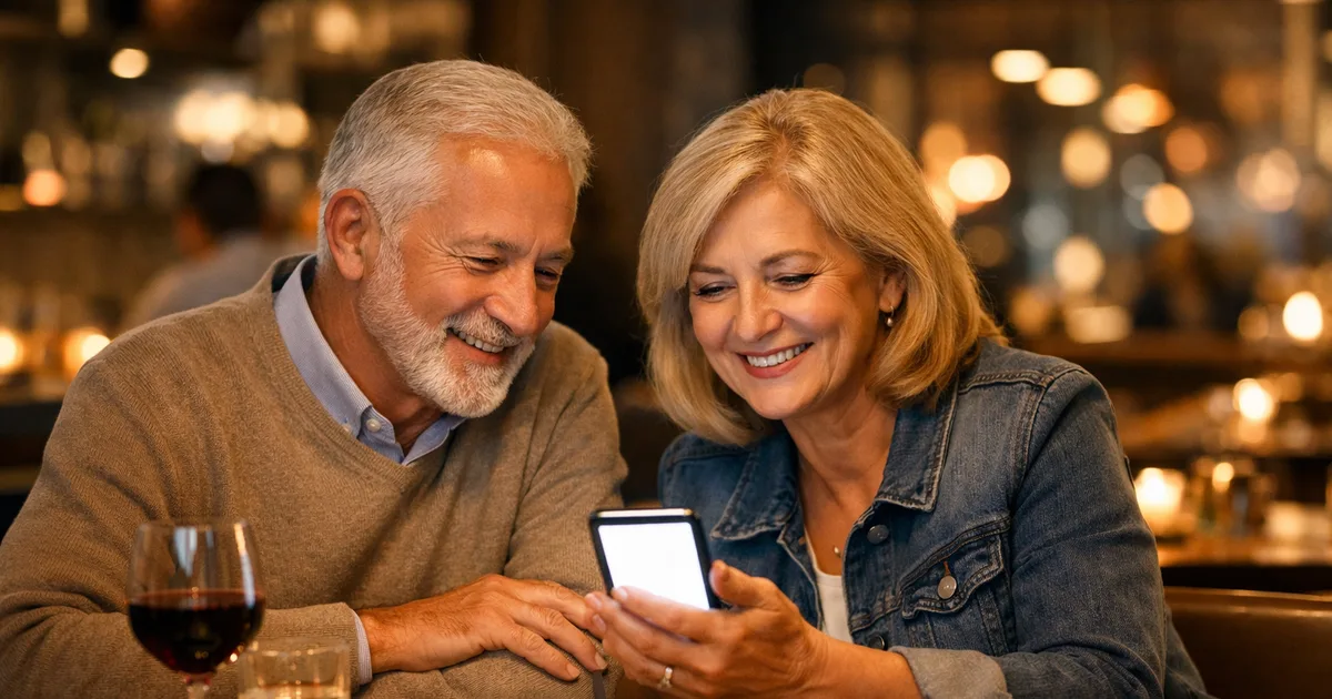 Una coppia di anziani sorridenti guarda comodamente insieme uno smartphone in un ristorante caldo e accogliente