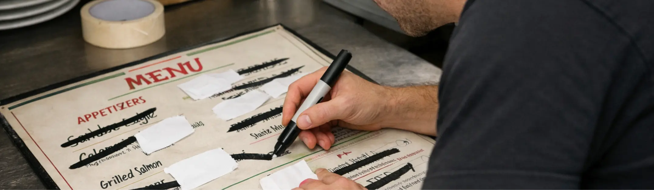 Restaurant staff crossing out printed menu items, highlighting hidden menu printing costs in Portugal