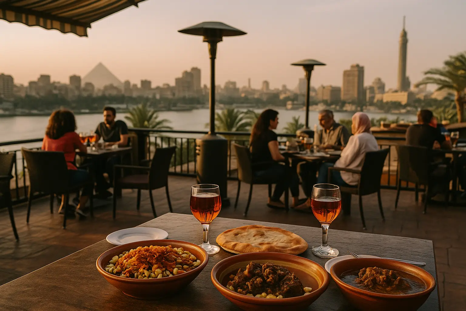 Tourist scanning a QR code menu in a restaurant with a view of the Nile in Cairo