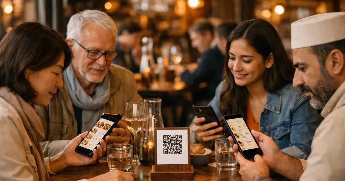 International tourists at a restaurant table scanning a QR code, each reading the menu in their own language on their smartphone