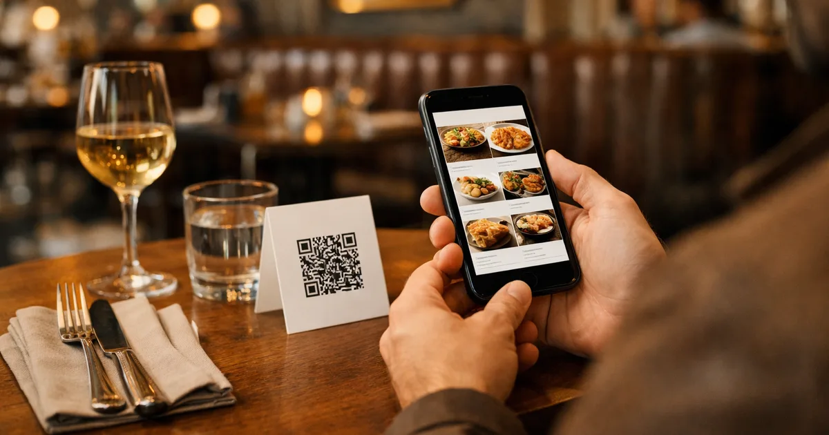 Client de restaurant scannant un QR code sur une table pour accéder à un menu numérique à fort contraste et grande lisibilité, bistrot français moderne