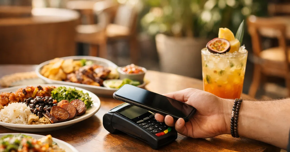 Uma mão segurando um celular sobre uma maquininha de cartão na mesa de um restaurante brasileiro com comida típica e uma bebida tropical