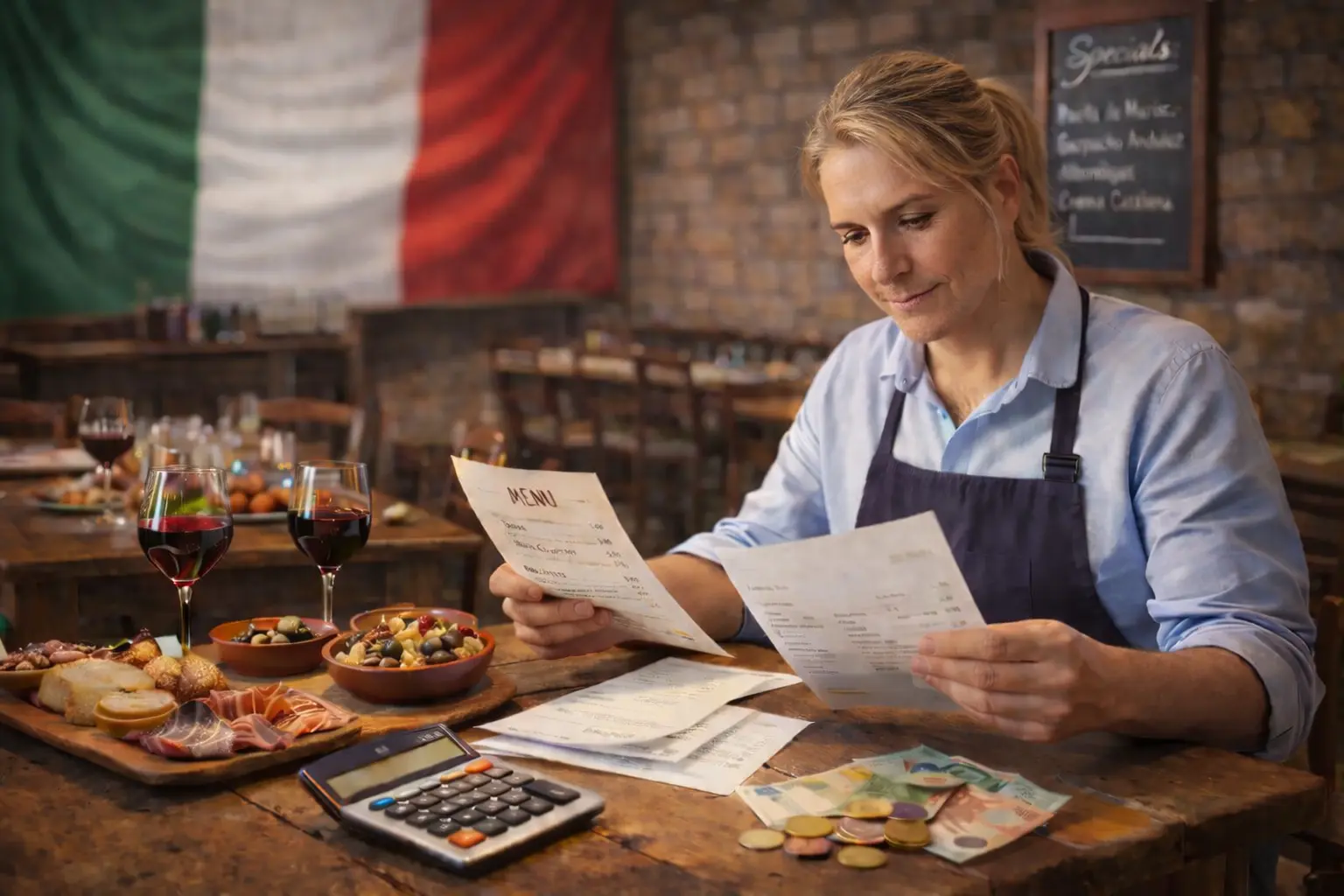 Restaurant owner in Italy calculating the high costs of menu printing