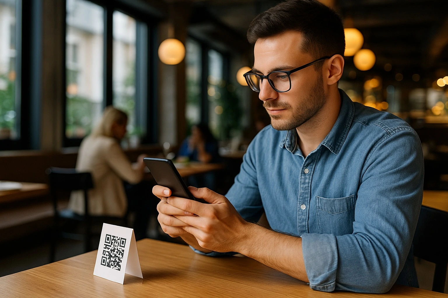 Customer scanning a QR code menu at a restaurant table