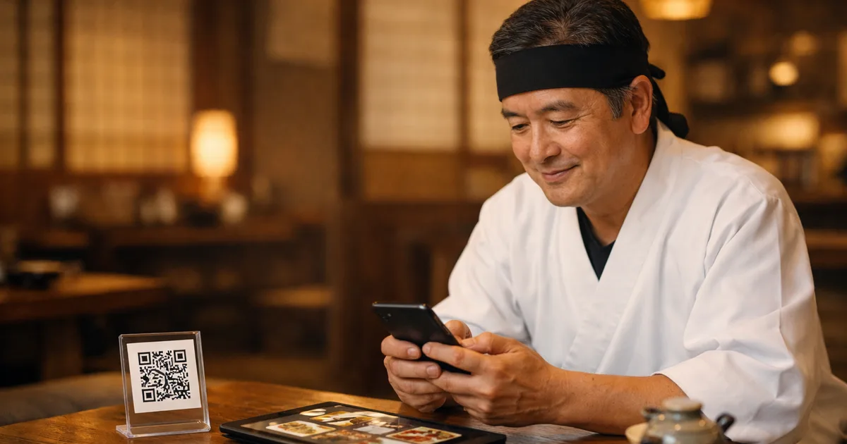 飲食店オーナーがスマートフォンでQRメニューを作成している様子。テーブルにQRコードスタンドが置かれた温かみのある日本のレストラン内装