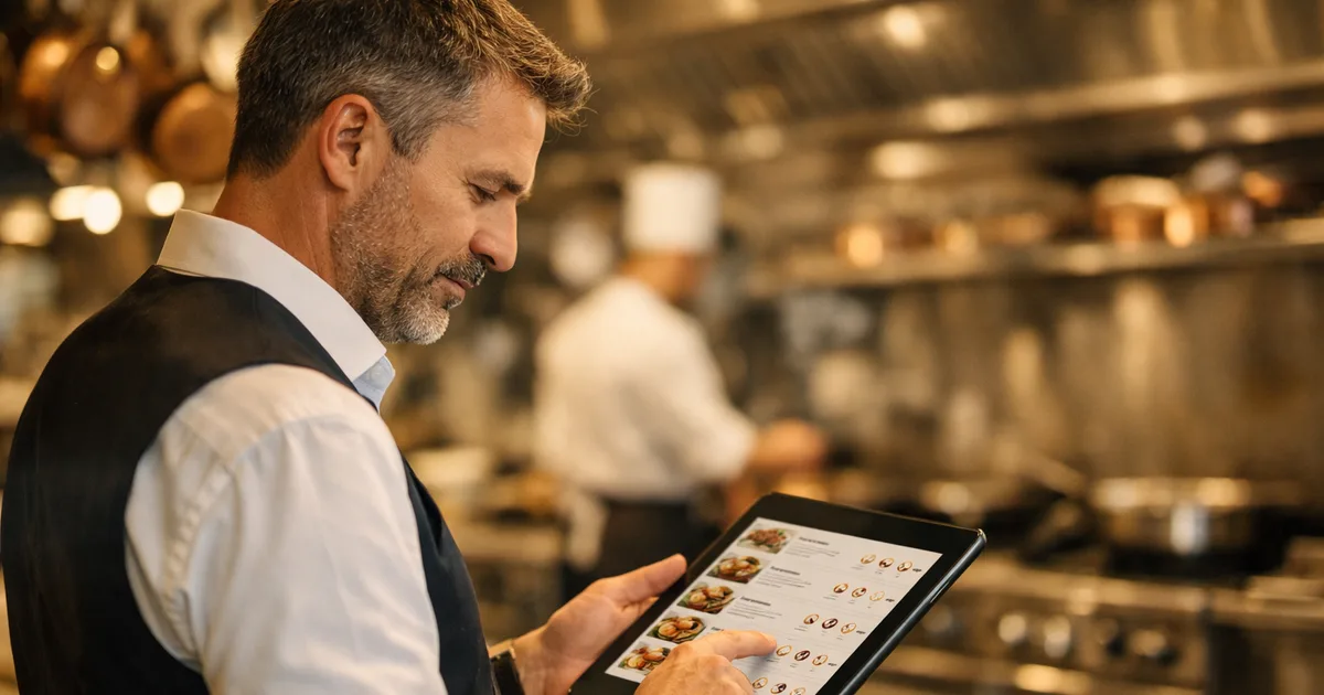 Responsable de restaurant consultant une tablette affichant un menu numérique avec les icônes allergènes par plat, cuisine professionnelle de bistrot français en arrière-plan