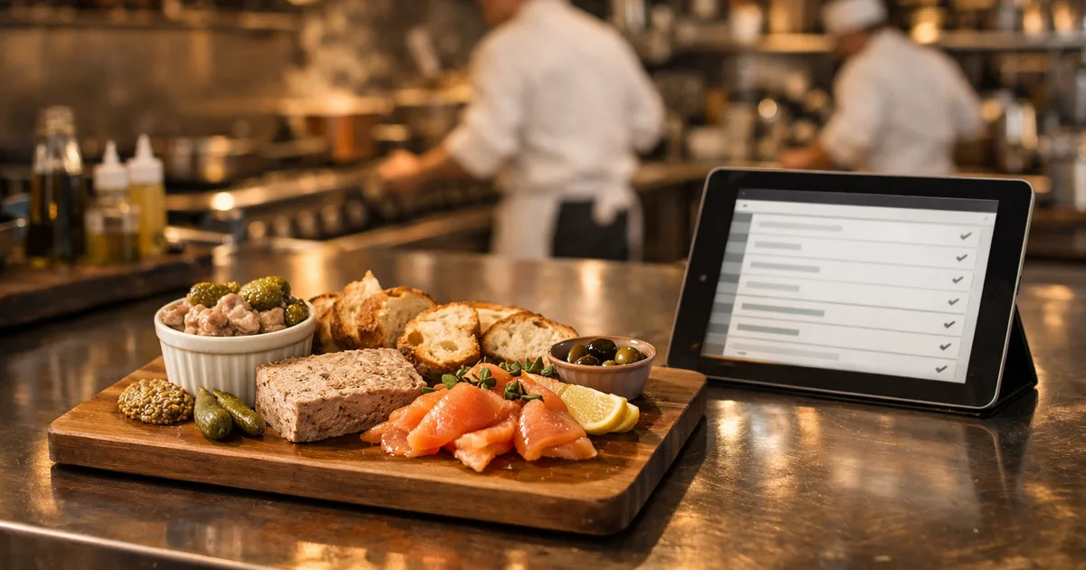 Tableau de charcuterie française avec rillettes, pâté et saumon fumé à côté d'une tablette affichant un tableau de contrôle de conformité alimentaire dans un bistrot professionnel