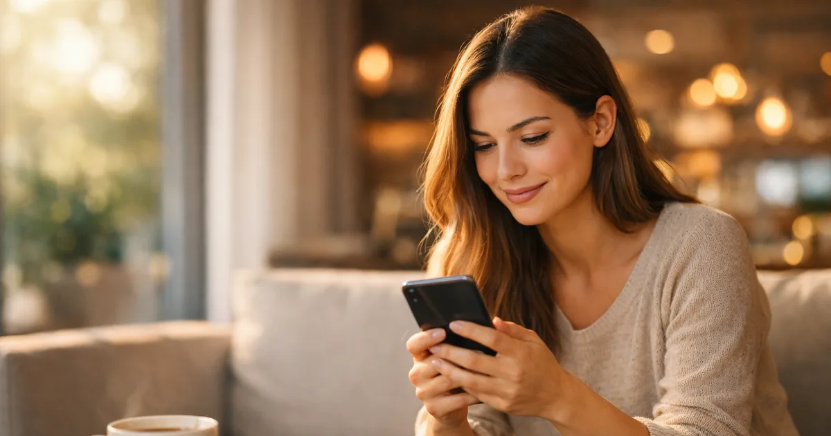 Une jeune femme dans un salon lumineux cherche un restaurant sur son smartphone, un café posé sur la table