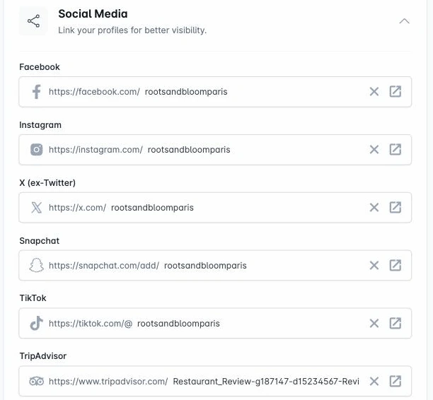 Ajustes de Redes Sociales de ShevaFood con los campos de Facebook, Instagram, X, Snapchat, TikTok y TripAdvisor rellenados