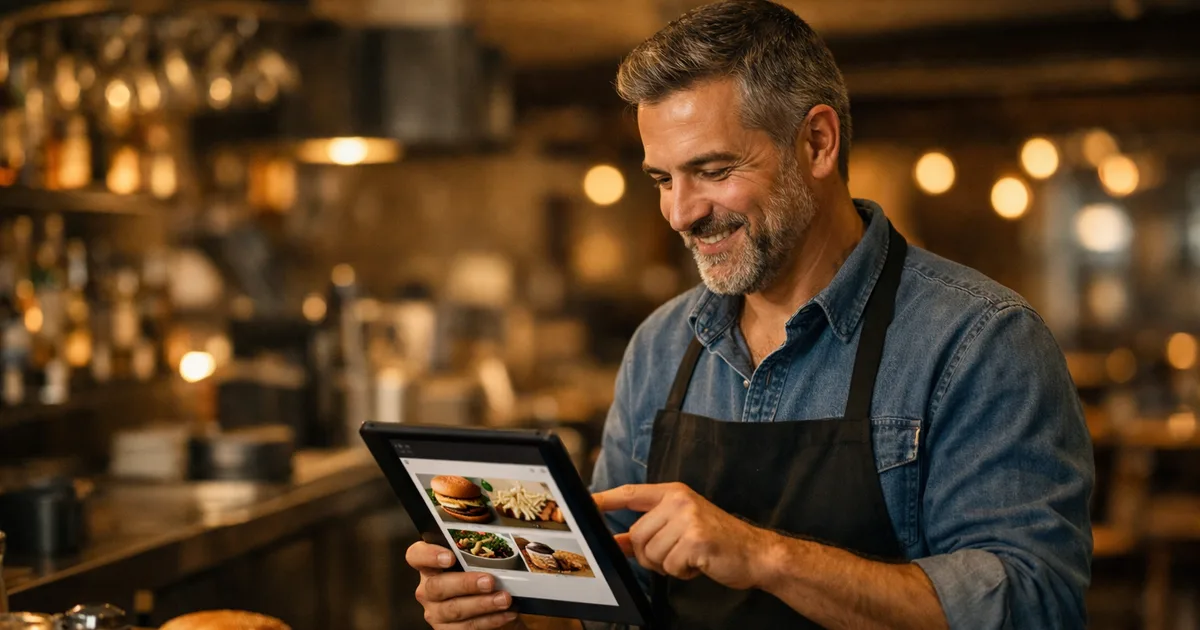 Restaurant owner at modern counter reviewing an AI-placed order on a tablet screen, chat interface showing a completed food order, warm bistro lighting