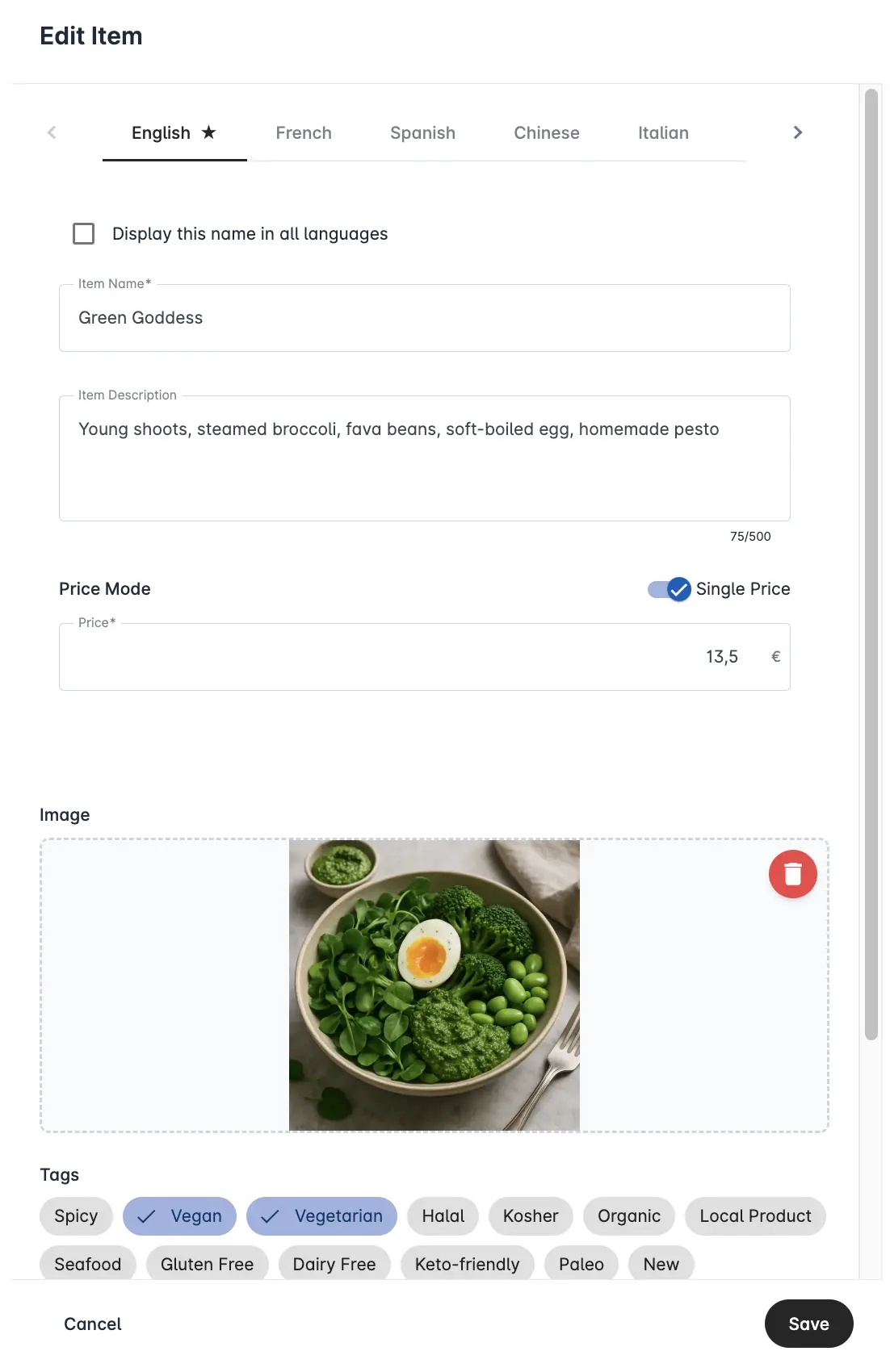 Real-time menu editing interface showing instant update capabilities Manage your menu in real time