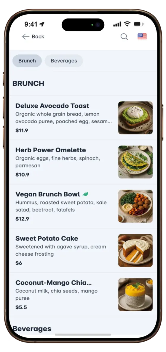 Digital menu on smartphone